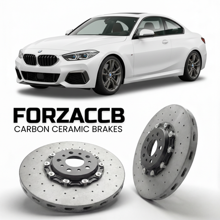 ForzaCCB direct OEM replacement carbon ceramic brake rotors for 2021- BMW 2-Series Coupe G42 models, shown with a white BMW 2-Series Coupe car.
