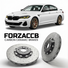 ForzaCCB direct OEM replacement carbon ceramic brake rotors for 2020 to 2025 BMW 2-Series Gran Coupe F44 models, shown with a white BMW 2-Series Gran Coupe car.
