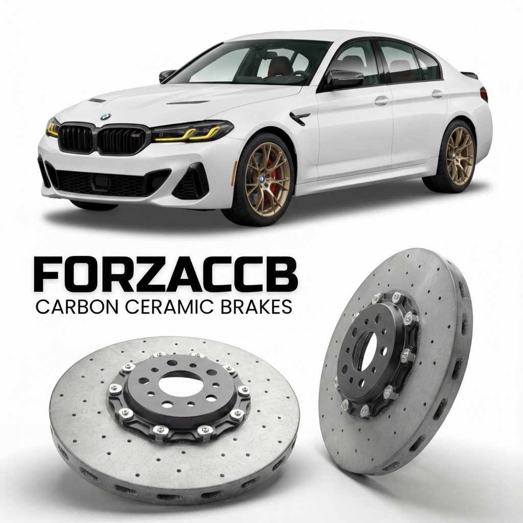 ForzaCCB direct OEM replacement carbon ceramic brake rotors for 2020 to 2025 BMW 2-Series Gran Coupe F44 models, shown with a white BMW 2-Series Gran Coupe car.