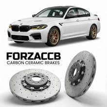 ForzaCCB direct OEM replacement carbon ceramic brake rotors for 2015 to 2021 BMW 2-Series Gran Tourer F46 models, shown with a white BMW 2-Series Gran Tourer car.