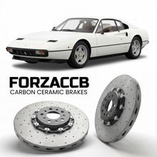 ForzaCCB direct OEM replacement carbon ceramic brake rotors for 1980 to 1981 Ferrari 208 GTB & GTS models, shown with a white Ferrari 208 GTB & GTS car.