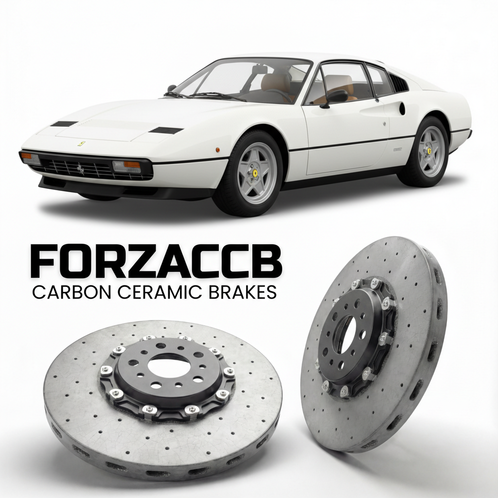 ForzaCCB direct OEM replacement carbon ceramic brake rotors for 1980 to 1981 Ferrari 208 GTB & GTS models, shown with a white Ferrari 208 GTB & GTS car.