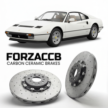 ForzaCCB direct OEM replacement carbon ceramic brake rotors for 1982 to 1985 Ferrari 208 GTB Turbo models, shown with a white Ferrari 208 GTB Turbo car.