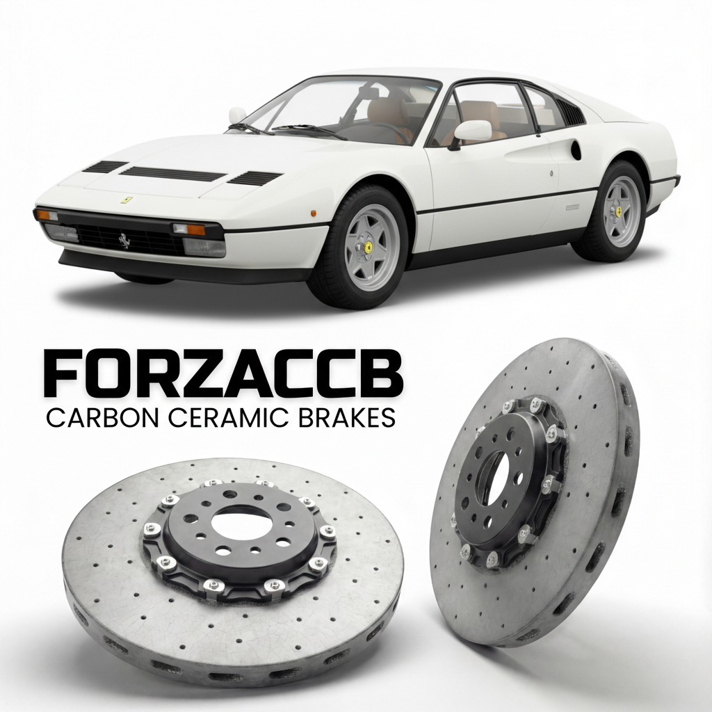 ForzaCCB direct OEM replacement carbon ceramic brake rotors for 1982 to 1985 Ferrari 208 GTB Turbo models, shown with a white Ferrari 208 GTB Turbo car.