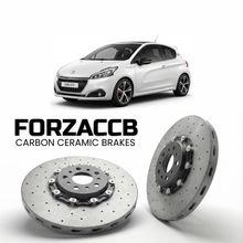 ForzaCCB direct OEM replacement carbon ceramic brake rotors for 2013 to 2018 Peugeot 208 GTi models, shown with a white Peugeot 208 GTi car.