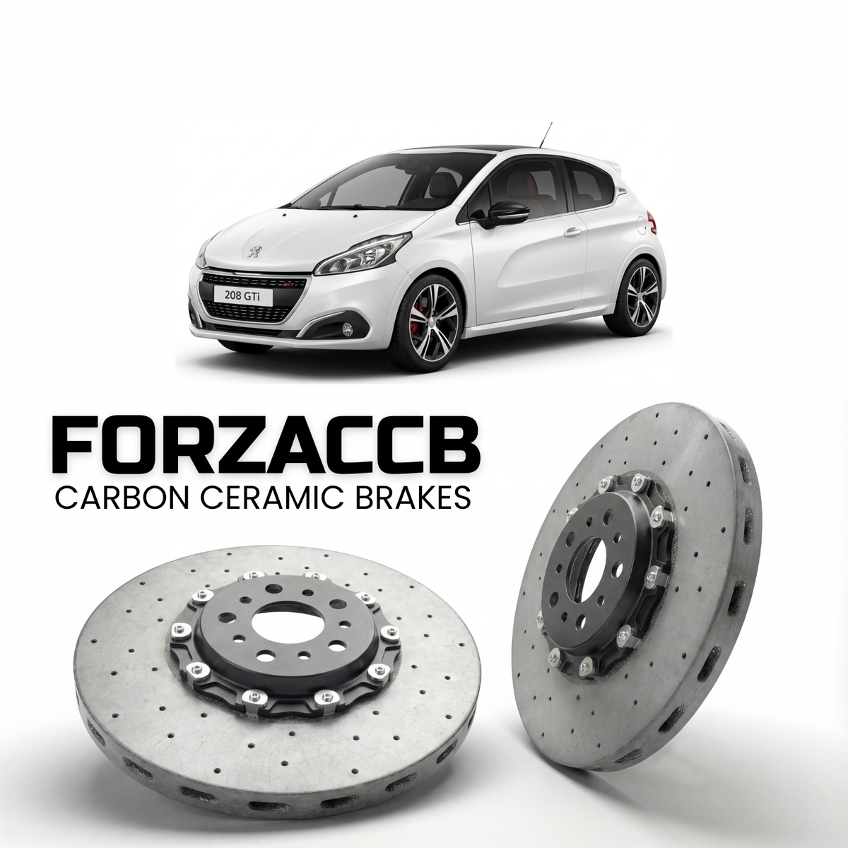 ForzaCCB direct OEM replacement carbon ceramic brake rotors for 2013 to 2018 Peugeot 208 GTi models, shown with a white Peugeot 208 GTi car.