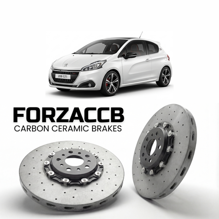 ForzaCCB direct OEM replacement carbon ceramic brake rotors for 2013 to 2018 Peugeot 208 GTi models, shown with a white Peugeot 208 GTi car.