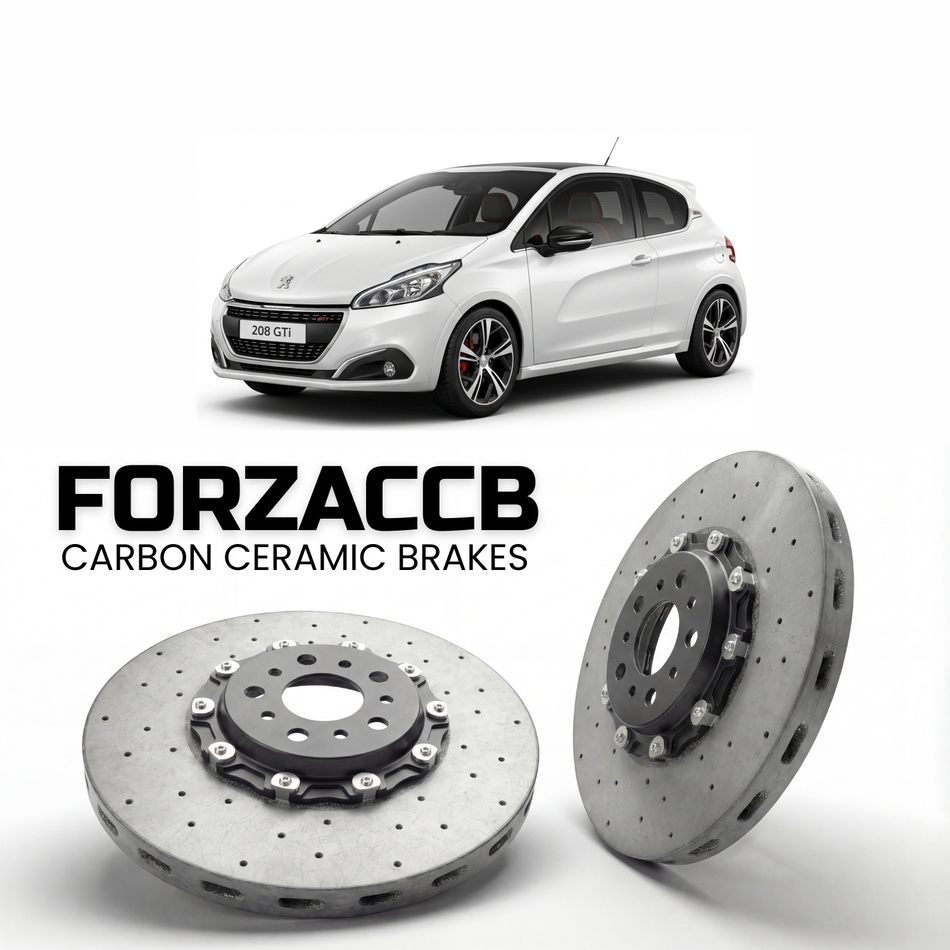 ForzaCCB direct OEM replacement carbon ceramic brake rotors for 2013 to 2018 Peugeot 208 GTi models, shown with a white Peugeot 208 GTi car.