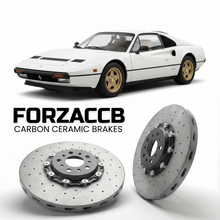 ForzaCCB direct OEM replacement carbon ceramic brake rotors for 1983 to 1985 Ferrari 208 GTS Turbo models, shown with a white Ferrari 208 GTS Turbo car.