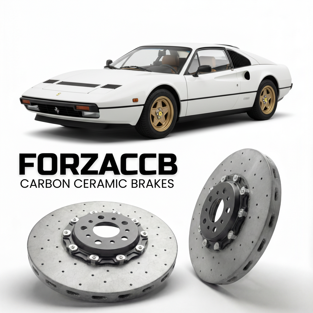 ForzaCCB direct OEM replacement carbon ceramic brake rotors for 1983 to 1985 Ferrari 208 GTS Turbo models, shown with a white Ferrari 208 GTS Turbo car.
