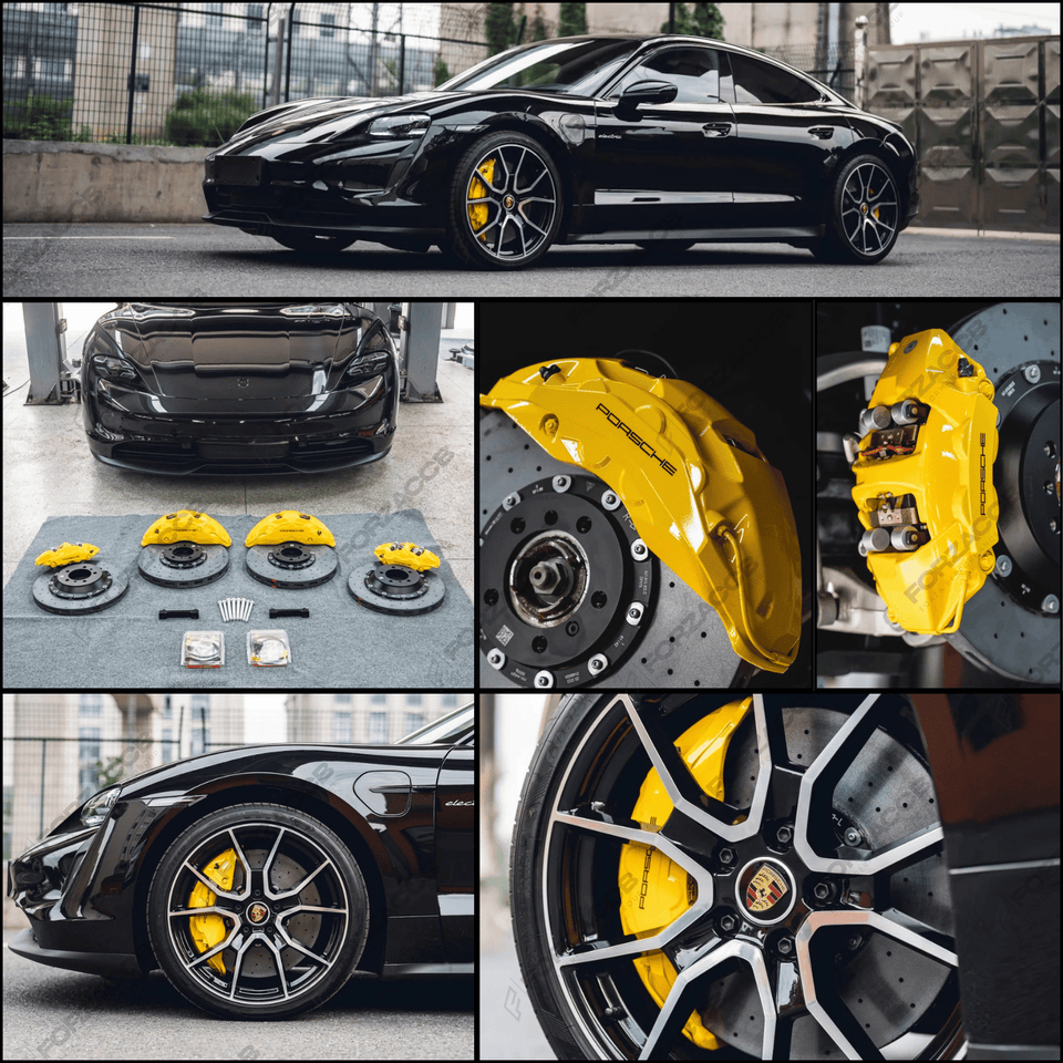 Collage of a black Porsche Taycan J1 (2021) with yellow CCB brake components and wheels.