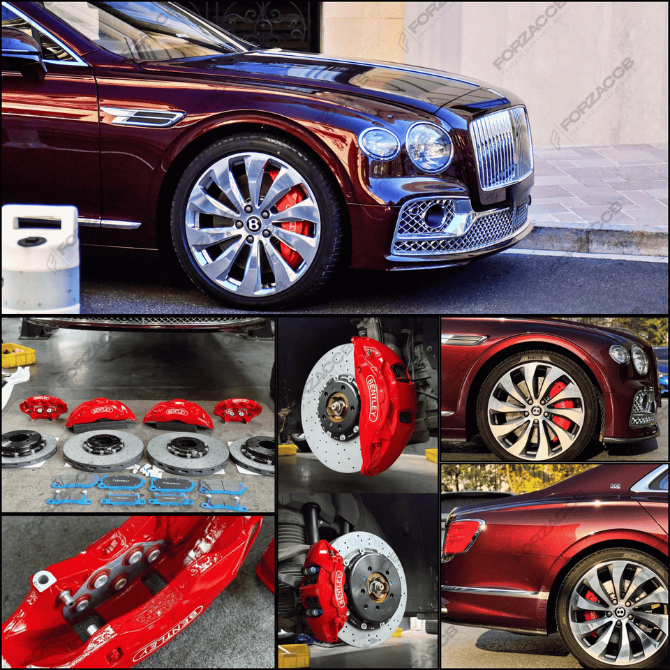 Collage of Bentley Flying Spur III (2023) with red Akebono calipers and CCB rotors.