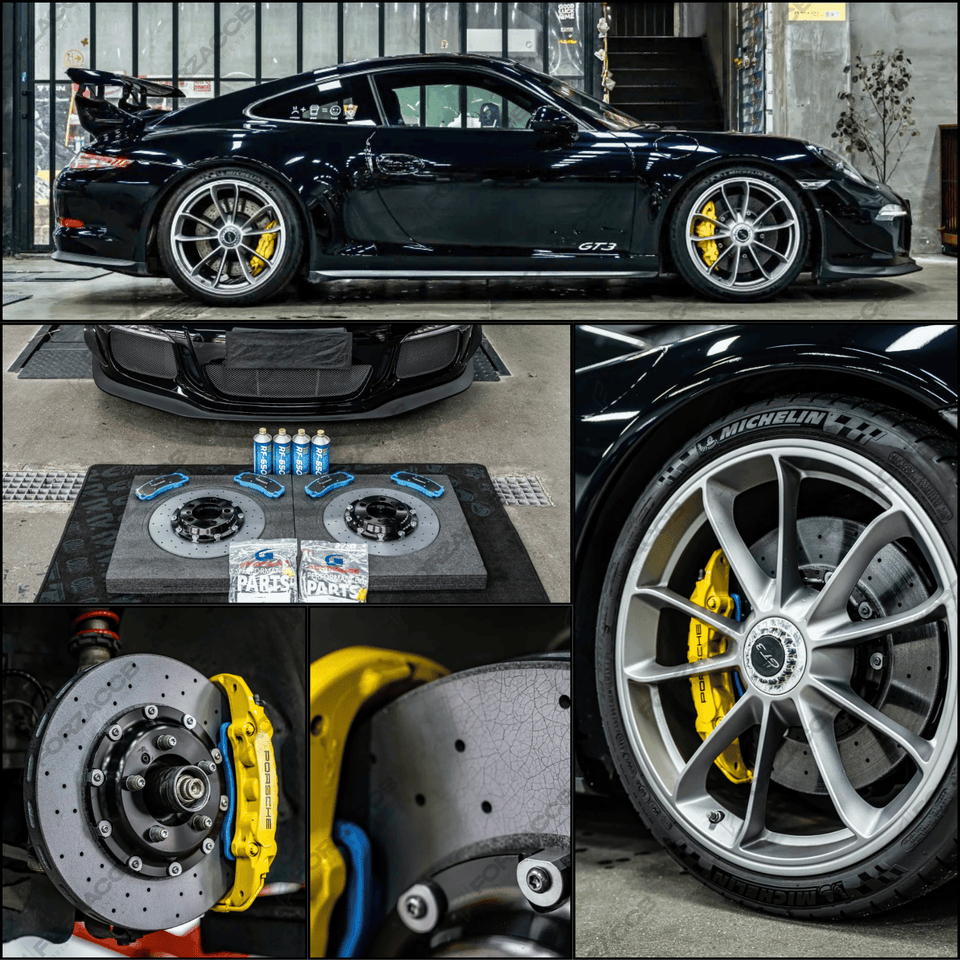 Collage of a black Porsche 911 GT3 991.2 (2018) with close-ups of PCCB installation process.