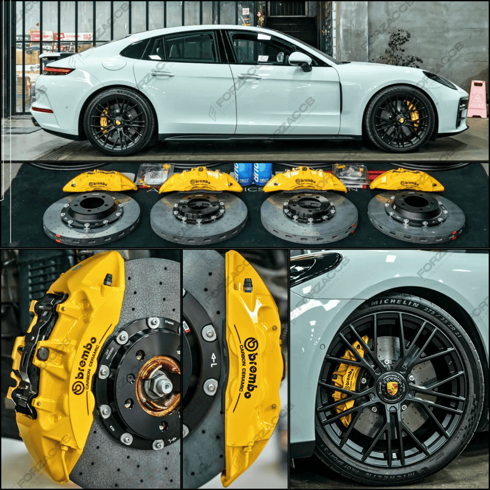 Collage of a white Porsche Panamera 971 (2022) with carbon ceramic rotors, including yellow Brembo brakes and black wheels.