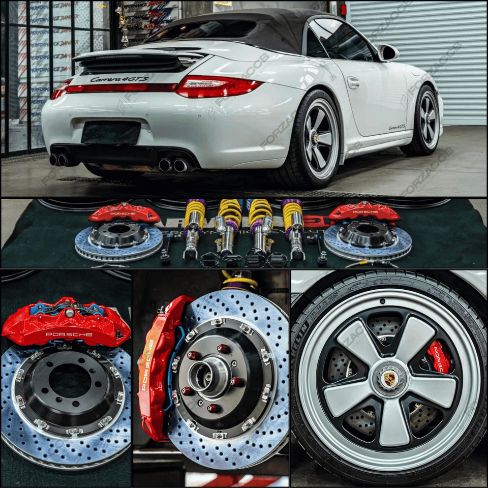 Collage of Porsche 911 Carrera 4 GTS Cabriolet 997.2 (2011) brake parts including brakes, suspension, and wheels.