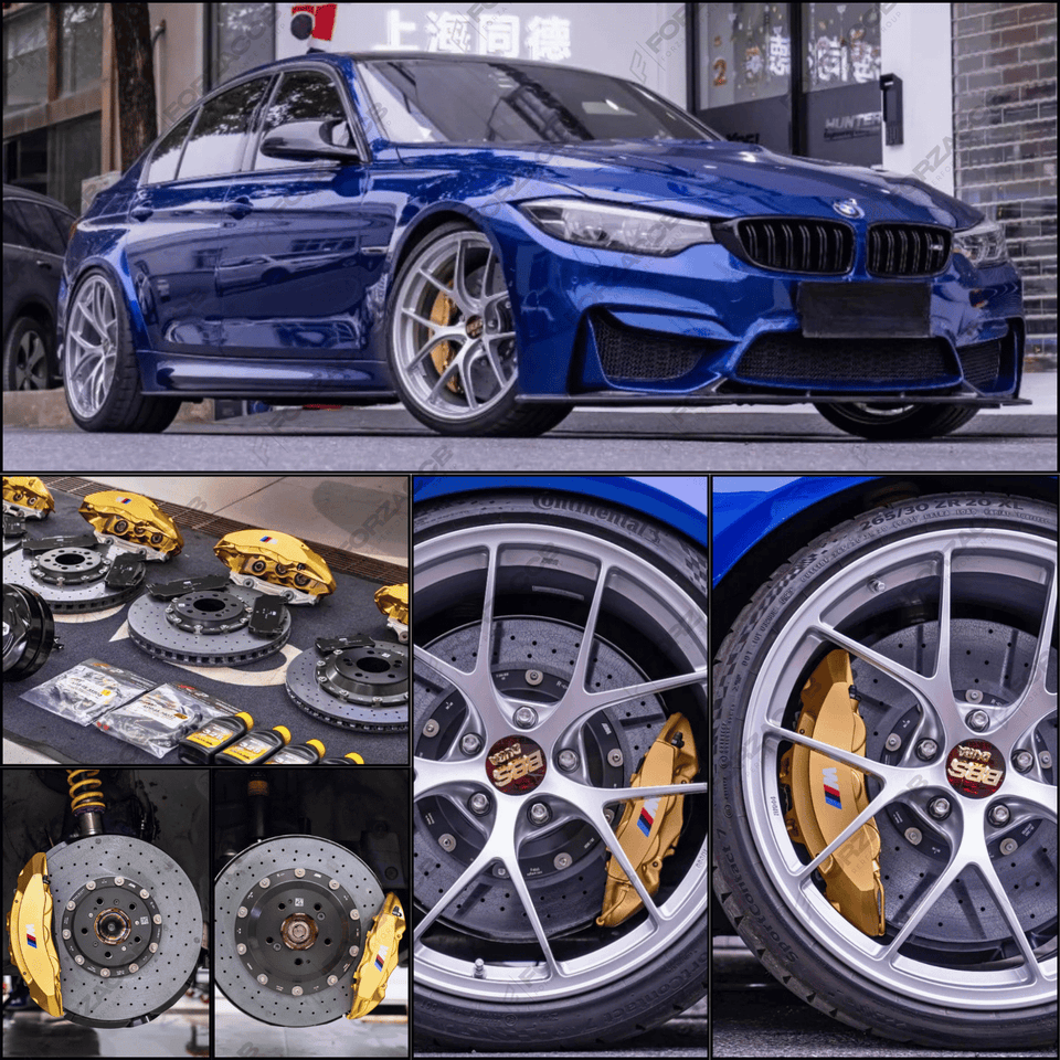 Collage of a blue BMW M3 F80 (2018) with close-ups of gold calipers and CCB rotors.