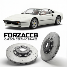 ForzaCCB direct OEM replacement carbon ceramic brake rotors for 1984 to 1987 Ferrari 288 GTO models, shown with a white Ferrari 288 GTO car.