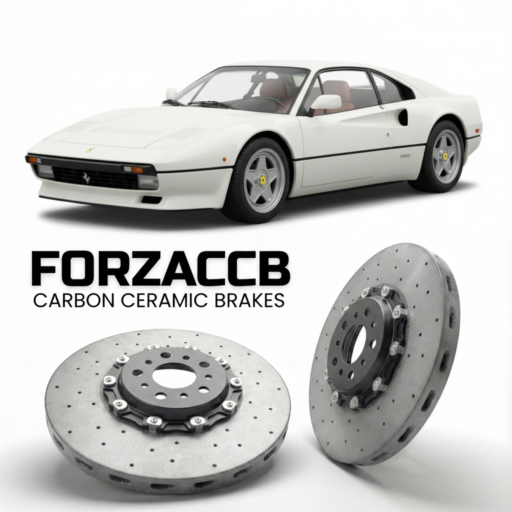 ForzaCCB direct OEM replacement carbon ceramic brake rotors for 1984 to 1987 Ferrari 288 GTO models, shown with a white Ferrari 288 GTO car.