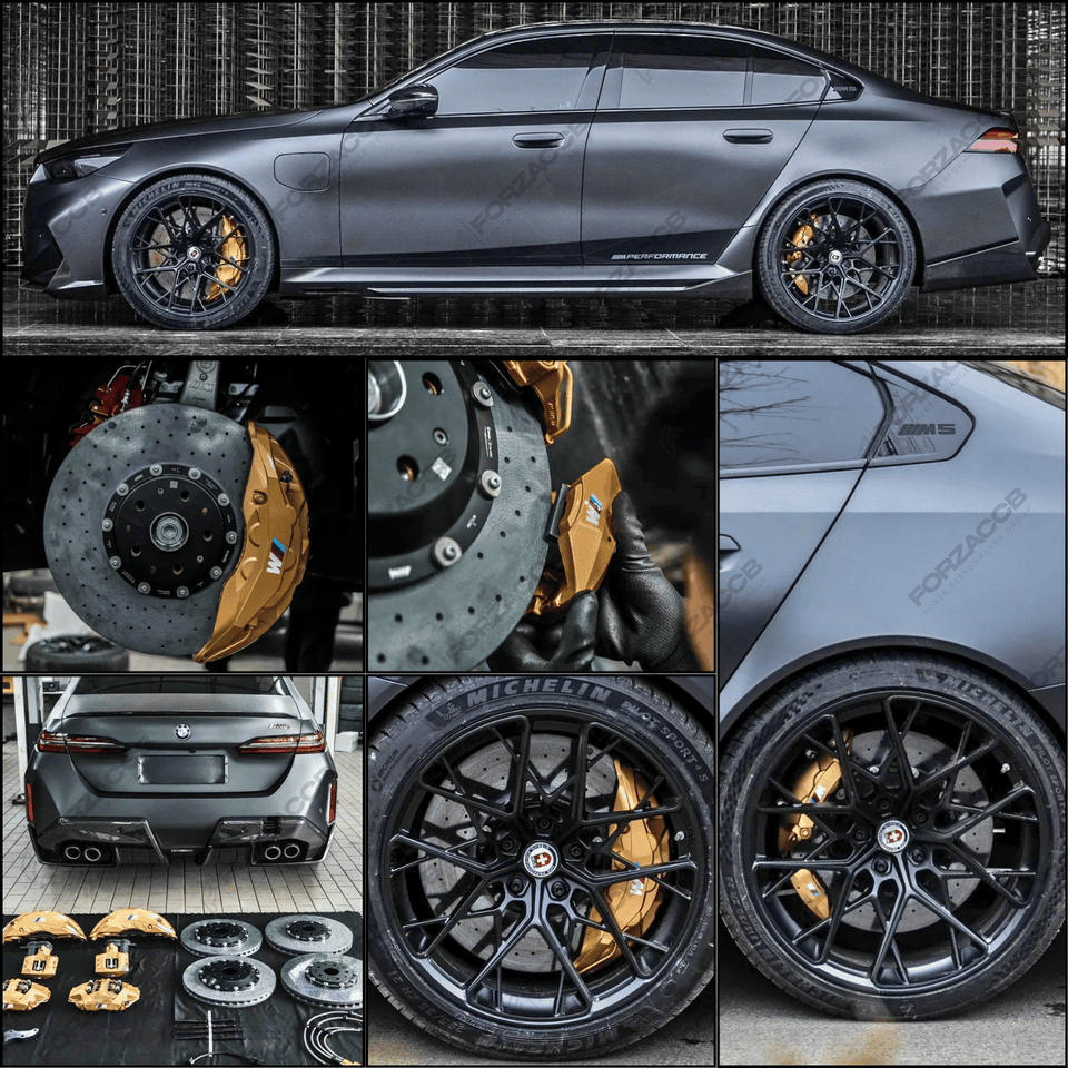 Collage of a black BMW M5 G90 (2025) with close-ups of wheels, Carbon Ceramic Rotors, and other Brake components, such as 10N Akebono high-performance calipers.