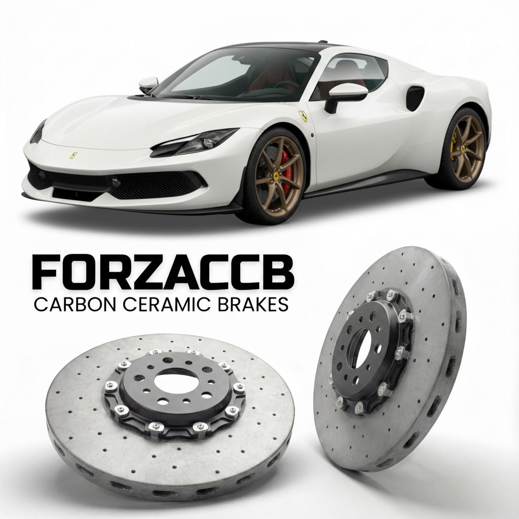 ForzaCCB direct OEM replacement carbon ceramic brake rotors for 2021 and newer Ferrari 296 GTB models, shown with a white Ferrari 296 GTB car.