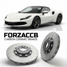 ForzaCCB direct OEM replacement carbon ceramic brake rotors for 2022 and newer Ferrari 296 GTS models, shown with a white Ferrari 296 GTS car.