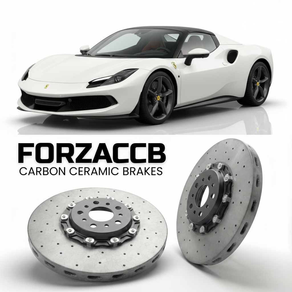 ForzaCCB direct OEM replacement carbon ceramic brake rotors for 2022 and newer Ferrari 296 GTS models, shown with a white Ferrari 296 GTS car.