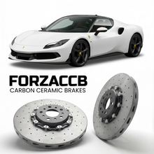 ForzaCCB direct OEM replacement carbon ceramic brake rotors for 2025 and newer Ferrari 296 Speciale models, shown with a white Ferrari 296 Speciale car.
