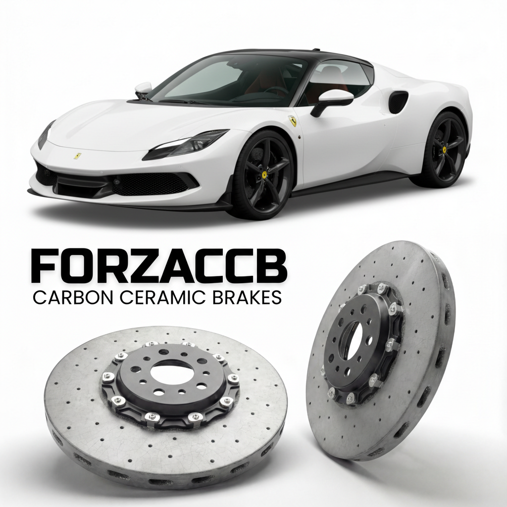 ForzaCCB direct OEM replacement carbon ceramic brake rotors for 2025 and newer Ferrari 296 Speciale models, shown with a white Ferrari 296 Speciale car.