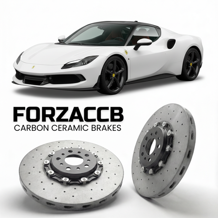 ForzaCCB direct OEM replacement carbon ceramic brake rotors for 2025 and newer Ferrari 296 Speciale models, shown with a white Ferrari 296 Speciale car.