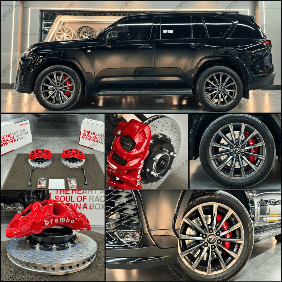 Collage of a black Lexus LX600 (2023) with close-ups of red Brembo brake calipers and iron rotors.
