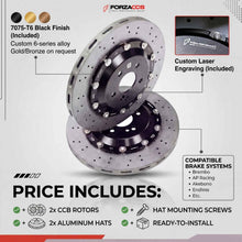 Infographic detailing ForzaCCB carbon ceramic brake rotor features, including 7075-T6 aluminum hats, custom laser engraving, and compatibility with Brembo and AP Racing systems.