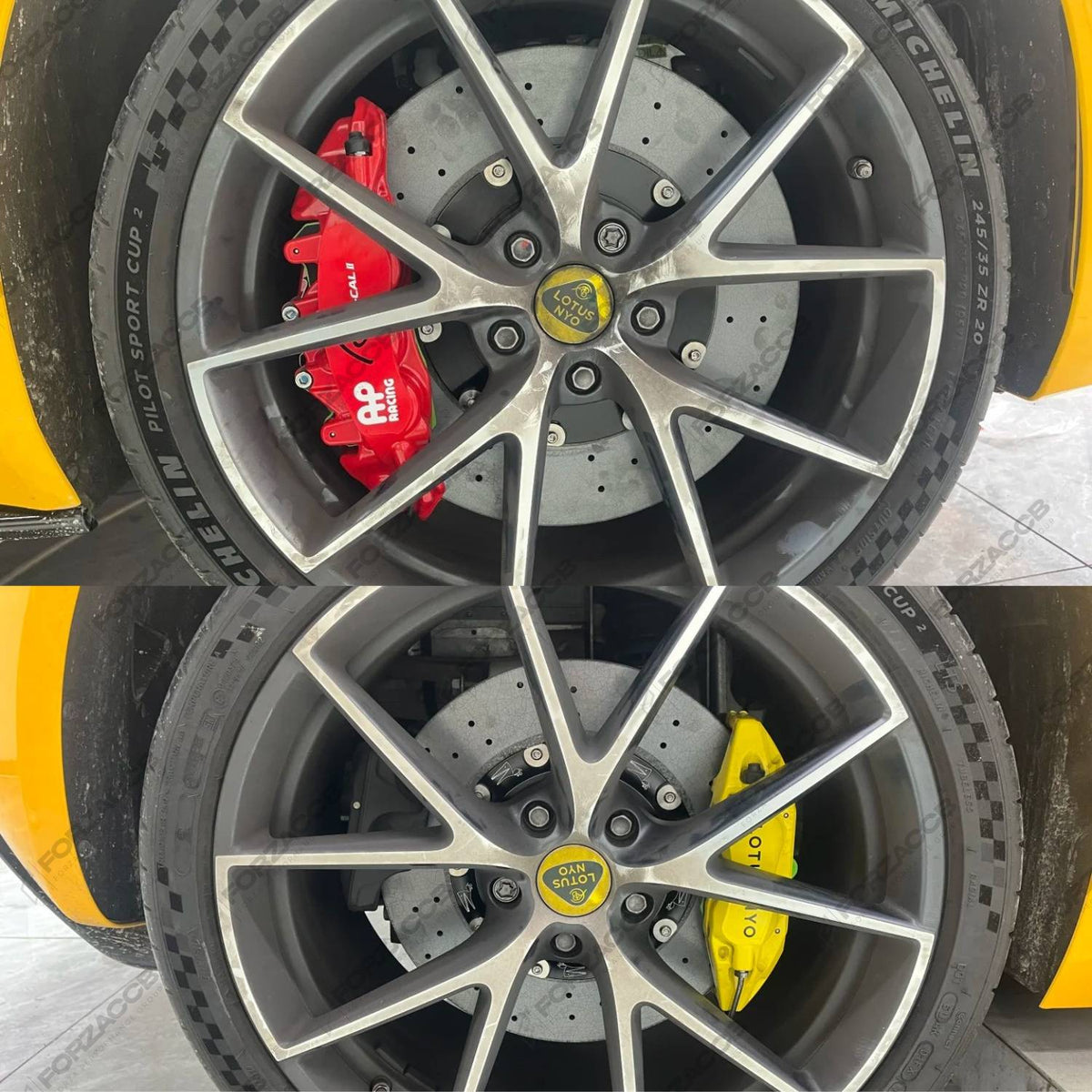 Close-up of a ForzaCCB carbon ceramic brake rotor paired with a red 6-piston Brembo brake caliper and Brembo packaging.