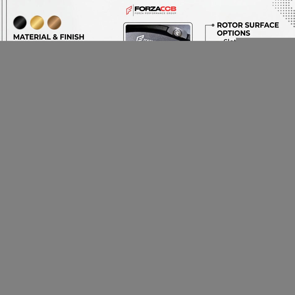 Promotional graphic for a ForzaCCB big brake kit showing red 6-piston calipers, two floating slotted rotors, brake pads, and braided hoses, with callouts for material and finish options, custom laser engraving, rotor surface choices, and compatibility with Brembo, AP Racing, Akebono, and Endless systems.