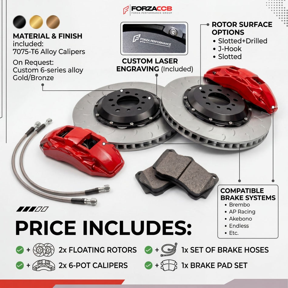Promotional graphic for a ForzaCCB big brake kit showing red 6-piston calipers, two floating slotted rotors, brake pads, and braided hoses, with callouts for material and finish options, custom laser engraving, rotor surface choices, and compatibility with Brembo, AP Racing, Akebono, and Endless systems.