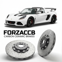 ForzaCCB direct OEM replacement carbon ceramic brake rotors for 2015 to 2018 Lotus 3-Eleven models, shown with a white Lotus 3-Eleven car.