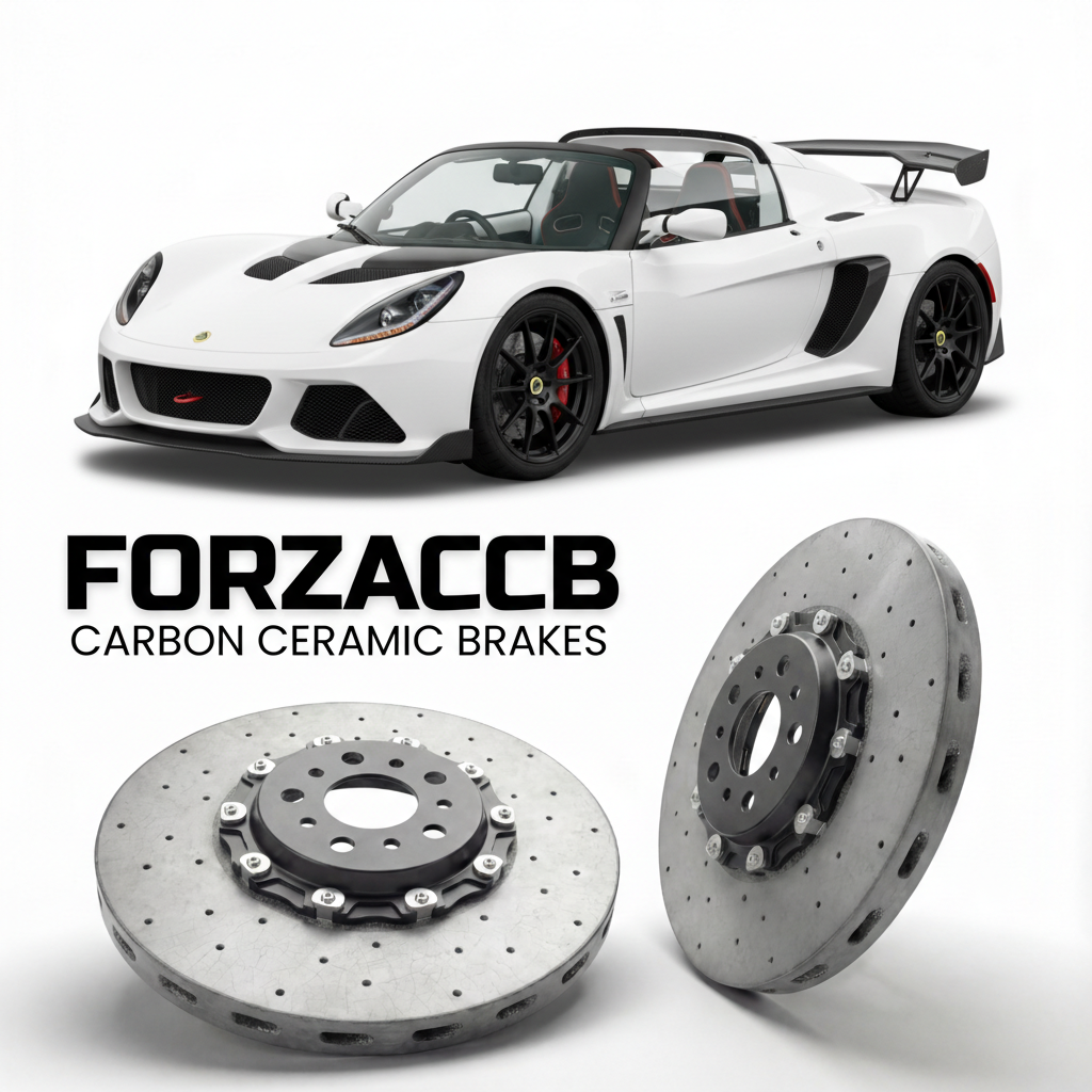 ForzaCCB direct OEM replacement carbon ceramic brake rotors for 2015 to 2018 Lotus 3-Eleven models, shown with a white Lotus 3-Eleven car.