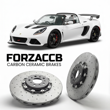 ForzaCCB direct OEM replacement carbon ceramic brake rotors for 2015 to 2018 Lotus 3-Eleven models, shown with a white Lotus 3-Eleven car.