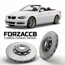 ForzaCCB direct OEM replacement carbon ceramic brake rotors for 2007 to 2013 BMW 3-Series Convertible E93 models, shown with a white BMW 3-Series Convertible car.