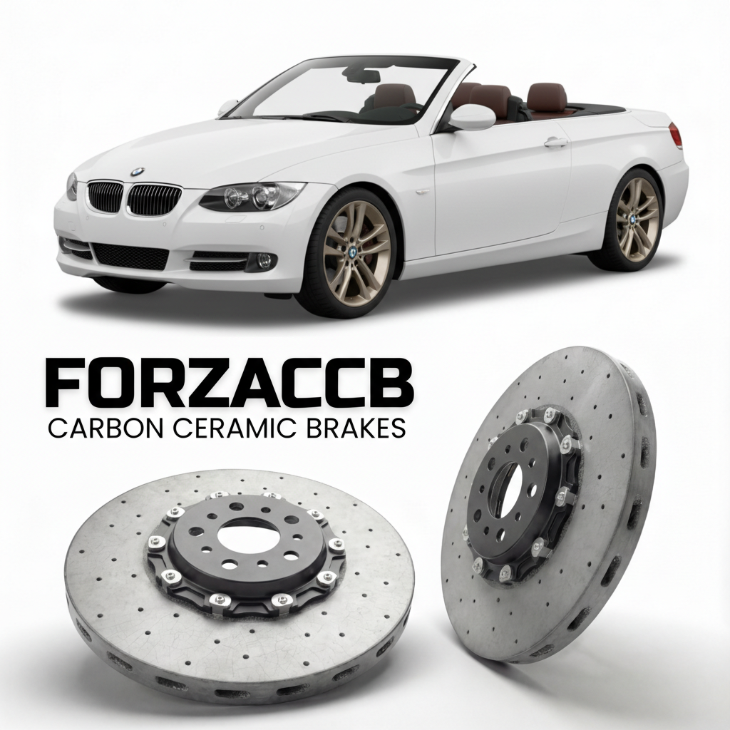 ForzaCCB direct OEM replacement carbon ceramic brake rotors for 2007 to 2013 BMW 3-Series Convertible E93 models, shown with a white BMW 3-Series Convertible car.