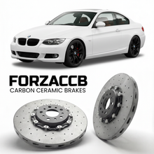 ForzaCCB direct OEM replacement carbon ceramic brake rotors for 2006 to 2013 BMW 3-Series Coupe E92 models, shown with a white BMW 3-Series Coupe car.