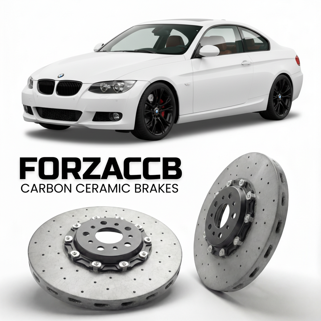ForzaCCB direct OEM replacement carbon ceramic brake rotors for 2006 to 2013 BMW 3-Series Coupe E92 models, shown with a white BMW 3-Series Coupe car.