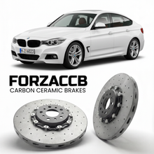 ForzaCCB direct OEM replacement carbon ceramic brake rotors for 2013 to 2020 BMW 3-Series Gran Turismo F34 models, shown with a white BMW 3-Series Gran Turismo car.