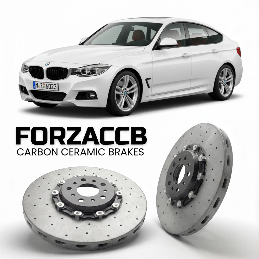 ForzaCCB direct OEM replacement carbon ceramic brake rotors for 2013 to 2020 BMW 3-Series Gran Turismo F34 models, shown with a white BMW 3-Series Gran Turismo car.