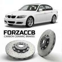 ForzaCCB direct OEM replacement carbon ceramic brake rotors for 2005 to 2011 BMW 3-Series Sedan E90 models, shown with a white BMW 3-Series Sedan car.