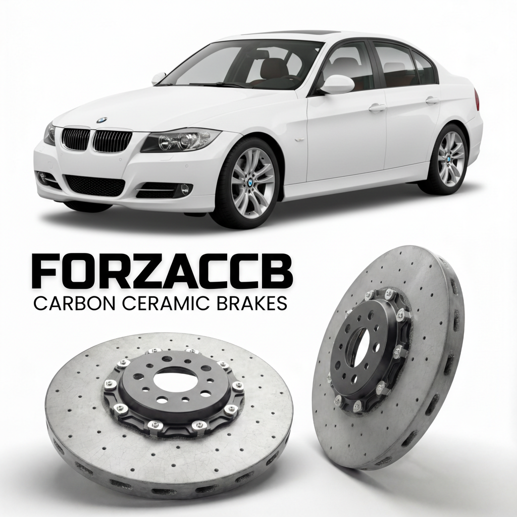 ForzaCCB direct OEM replacement carbon ceramic brake rotors for 2005 to 2011 BMW 3-Series Sedan E90 models, shown with a white BMW 3-Series Sedan car.