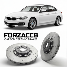 ForzaCCB direct OEM replacement carbon ceramic brake rotors for 2011 to 2019 BMW 3-Series Sedan F30 models, shown with a white BMW 3-Series Sedan car.