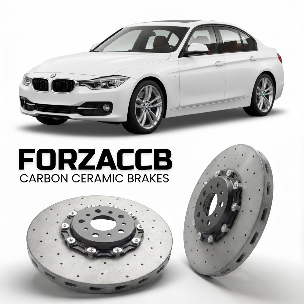 ForzaCCB direct OEM replacement carbon ceramic brake rotors for 2011 to 2019 BMW 3-Series Sedan F30 models, shown with a white BMW 3-Series Sedan car.