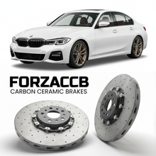 ForzaCCB direct OEM replacement carbon ceramic brake rotors for 2018-2026+ BMW 3-Series Sedan G20 models, shown with a white BMW 3-Series Sedan car.