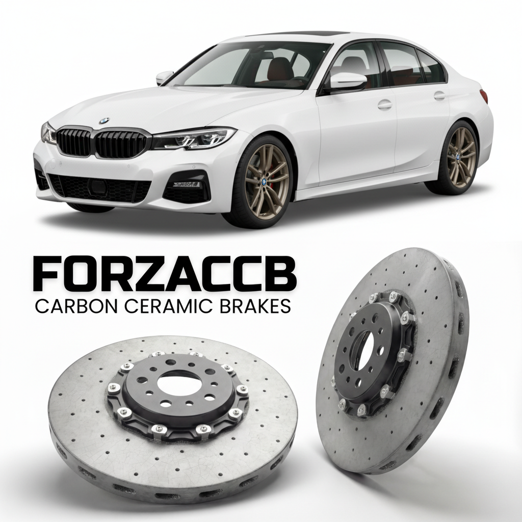 ForzaCCB direct OEM replacement carbon ceramic brake rotors for 2018-2026+ BMW 3-Series Sedan G20 models, shown with a white BMW 3-Series Sedan car.