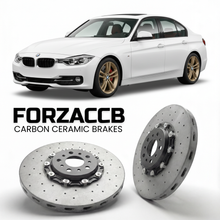 ForzaCCB direct OEM replacement carbon ceramic brake rotors for 2012 to 2019 BMW 3-Series Sedan LWB F35 models, shown with a white BMW 3-Series Sedan LWB car.
